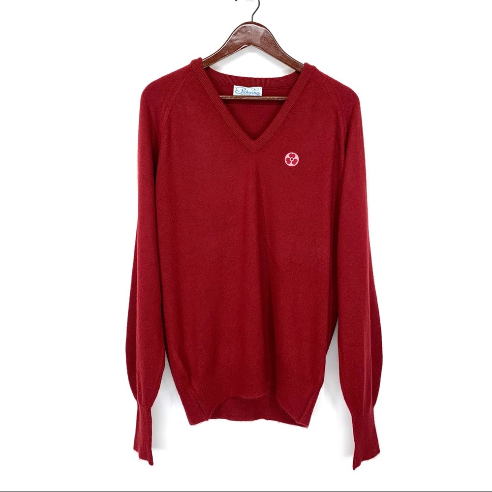 Vintage Pickering Golf V-Neck Maroon Red Soft Sweater With Flower Patch Size L